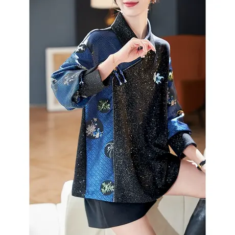 宝诗黎国风印花亮丝拼接卫衣2025春季设计感宽松休闲女装上衣潮商品大图