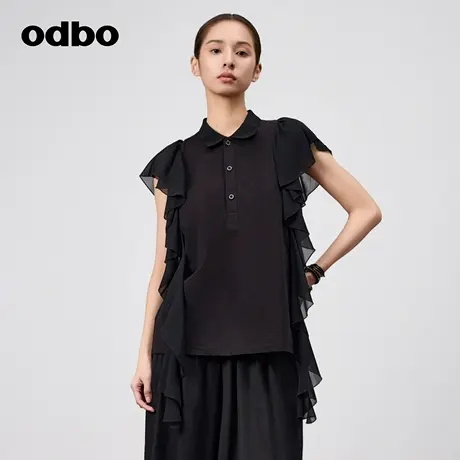 odbo/欧迪比欧时尚荷叶边设计短袖女衬衫2024夏季新款休闲POLO衫图片