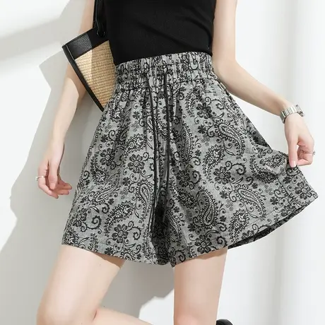 复古腰果花休闲短裤女夏季薄款高腰宽松显瘦百搭阔腿松紧印花热裤商品大图