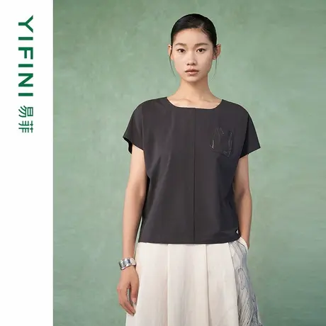 [专柜同款]Yifini/易菲小方领高级感绣花宽松短款T恤通勤上衣女新图片