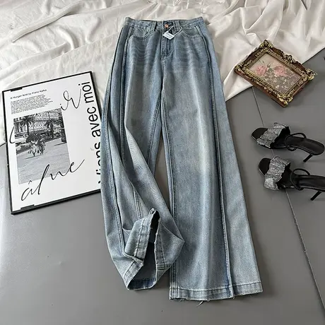 辣妹阔腿宽松显瘦牛仔裤女复古水洗韩版春夏新款直筒拖地长裤子潮商品大图