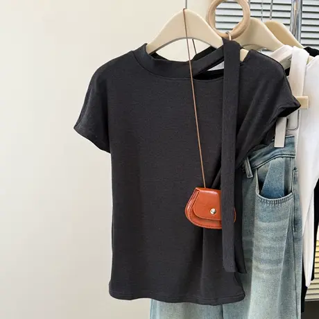 夏季2025新款飘带镂空短袖T恤女夏季韩版修身设计感飞飞袖上衣服图片