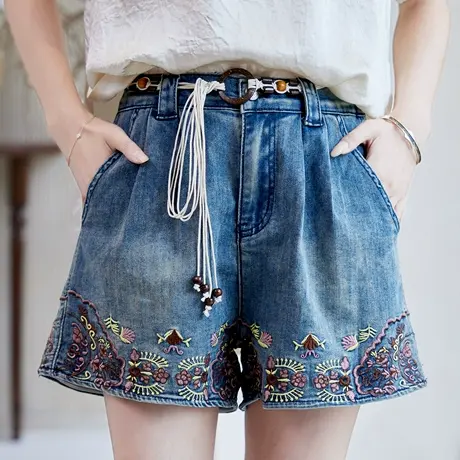 宝诗黎【新品价158元】腰带刺绣牛仔短裤AUP6011商品大图