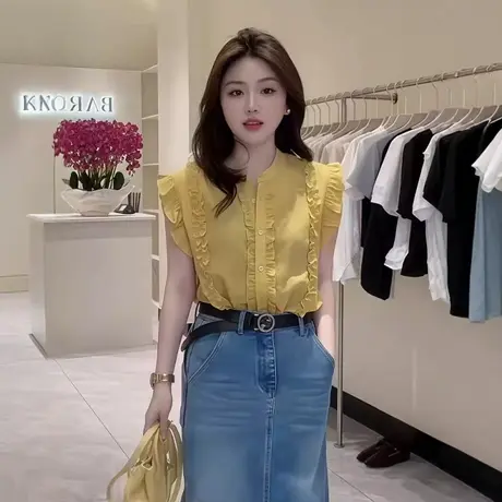 法式木耳边无袖衬衫女夏日轻薄设计感洋气减龄小衫独特超好看背心图片