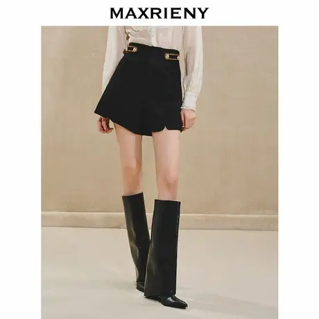 MAXRIENY宫廷复古风裤子24秋新款经典黑宫廷金扣刺绣短裤气质感商品大图