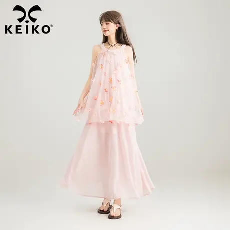 【呼呼严选专享】KEIKO 立体扎花 2025夏季纯欲粉色挂脖连衣裙商品大图