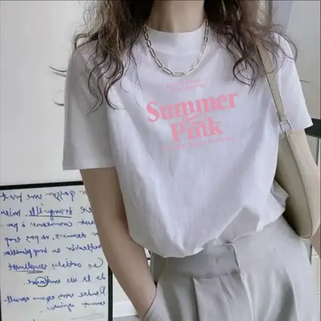 白色正肩纯棉字母印花短袖t恤女2025新款夏季宽松半高领半袖上衣商品大图
