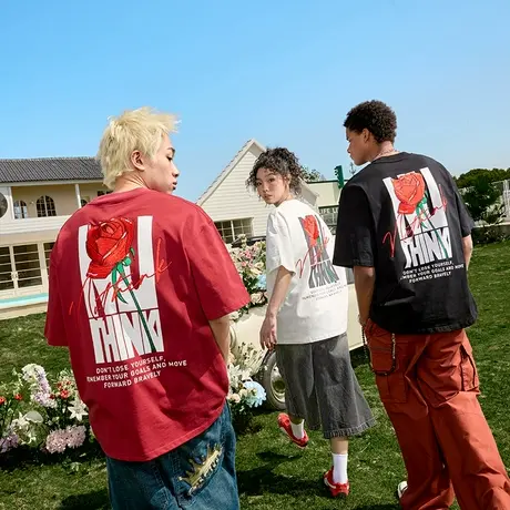 Nuthink玫瑰刺绣重磅短袖T恤字母潮牌美式复古男女2025夏季新款图片