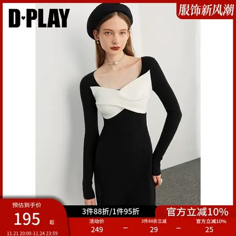 DPLAY秋装季新品优雅黑白撞色宫廷领立体纽结修身针织连衣裙商品大图