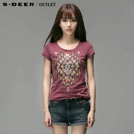 s.deer圣迪奥2015夏装新品女彩色绣花休闲修身T恤4280194图片