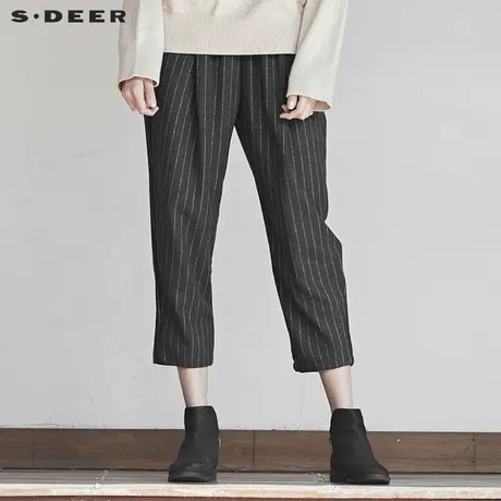 sdeer圣迪奥冬装女装松紧英伦条纹休闲宽松毛呢直筒长裤S19460809图片