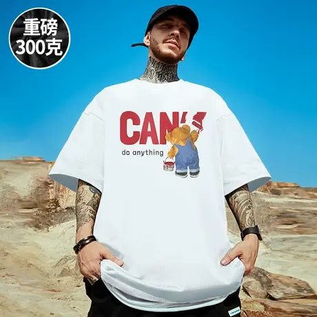 300g重磅2025新款小熊短袖t恤字母大码圆领纯棉潮牌白色打底半袖商品大图