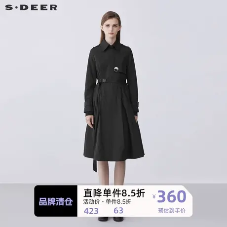 sdeer圣迪奥女装翻领胸针收腰抽褶黑色长款风衣S21361804图片