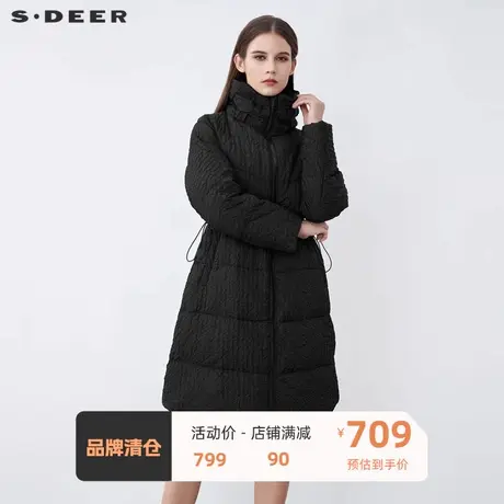 sdeer圣迪奥女装高领肌理褶皱松紧收腰长款黑色羽绒服S21482498图片