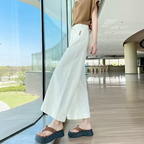 白色直筒阔腿牛仔裤女夏季薄款高腰显瘦宽松遮胯小个子八九分裤子商品大图