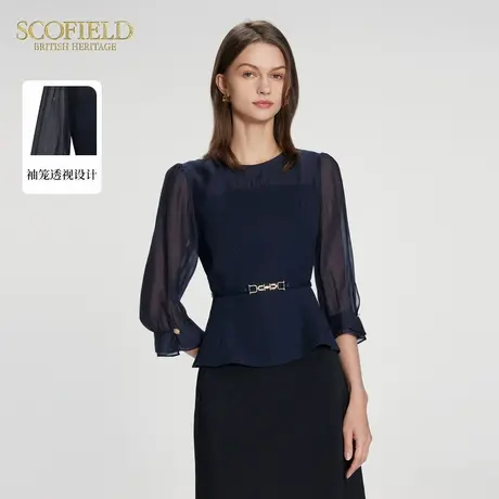 Scofield女装圆领泡泡袖衬衫可拆卸腰带通勤长袖衬衫夏季上衣商品大图