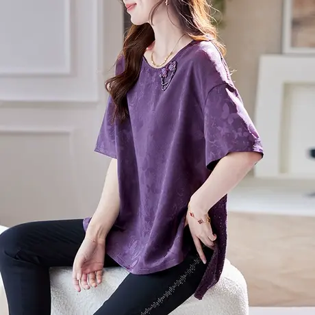 宝诗黎蕾丝亮片拼接提花雪纺衫2025夏季设计感宽松气质新中式女装图片