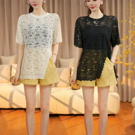 法式提花镂空蕾丝短袖t恤女夏季2025新款设计感开叉防晒罩衫上衣商品大图