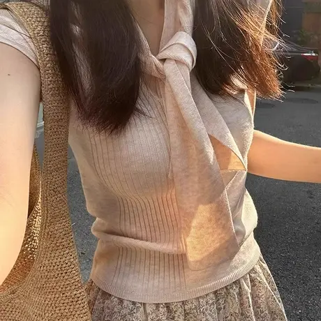 假两件v领冰丝针织短袖t恤女夏季韩系设计感小众正肩短款辣妹上衣图片