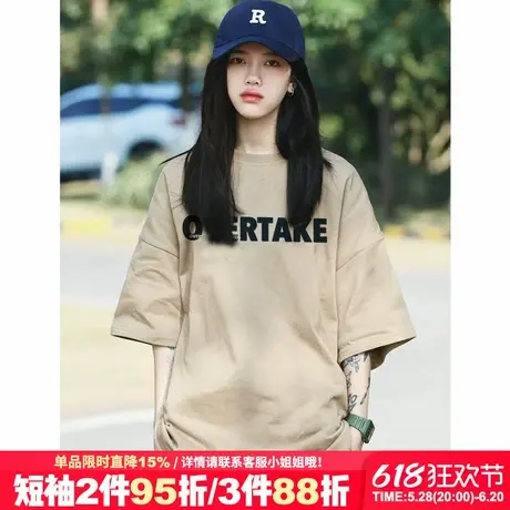美式复古简约风字母印花宽松浅卡其短袖女t恤小众超火正肩上衣夏商品大图