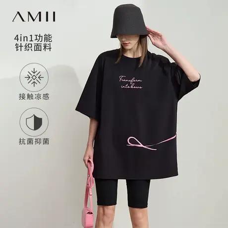 Amii2025夏新款极简超宽松弹力字母蝴蝶结印花棉质中长落肩袖T恤图片