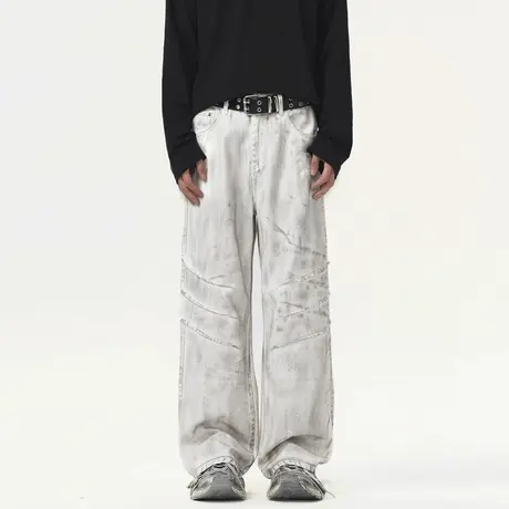 潮牌拼接白色做旧牛仔裤男女士废土脏染设计工装裤男女宽松直筒裤图片