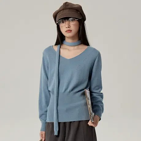 omont蛋挞家 气质羊毛V领围巾毛衣2024冬季新款慵懒风针织衫上衣商品大图