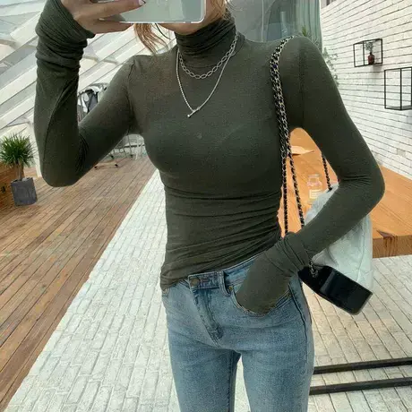 冬季新款女装纯色紧身长袖高领打底衫女修身性感上衣套头百搭T恤图片