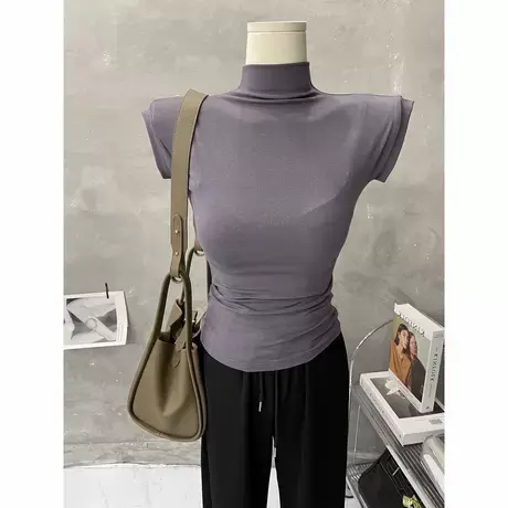 纯欲～高级感半高领无袖背心女收腰T恤夏纯色打底衫内搭粉色上衣商品大图