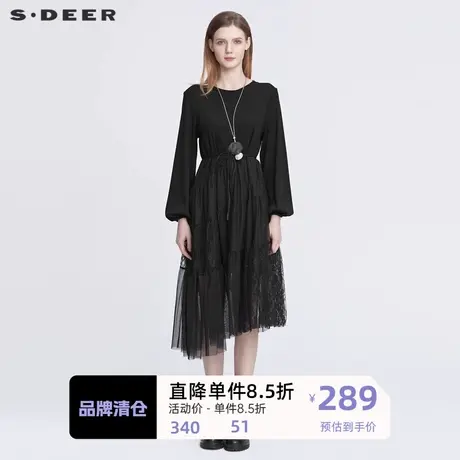 S·�R圣迪奥女装时尚圆领收腰网纱蕾丝长袖连衣裙S22181207商品大图