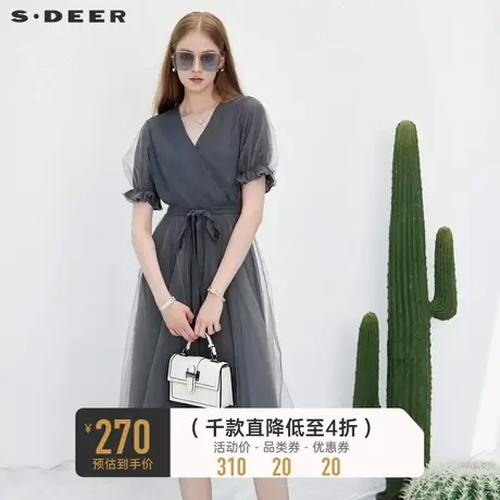 sdeer圣迪奥女装V领收腰网纱泡泡袖连衣裙S232Z12KM商品大图