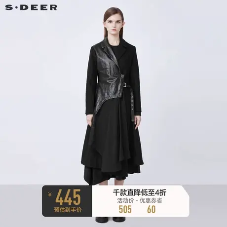 sdeer圣迪奥秋冬西装领PU拼接收腰长款毛呢大衣S21481809🎉商品大图