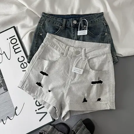 欧美水洗破洞翻边牛仔短裤女2025年夏季新款辣妹弹力包臀阔腿热裤商品大图