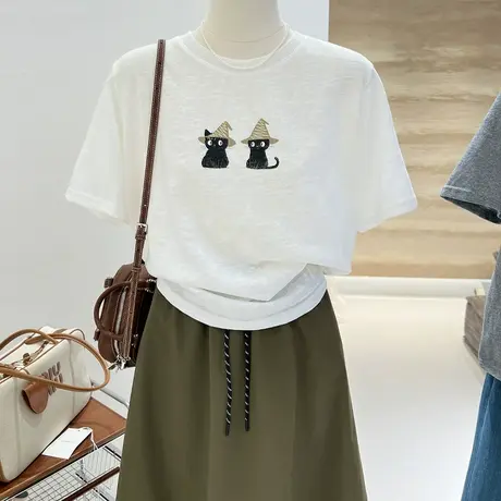 夏季韩系百搭卡通小猫印花宽松显瘦薄款雪花棉短袖T恤女凉感上衣商品大图
