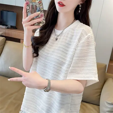 设计感小众短袖t恤女2024夏季韩版宽松大码小个子雪纺条纹上衣服图片