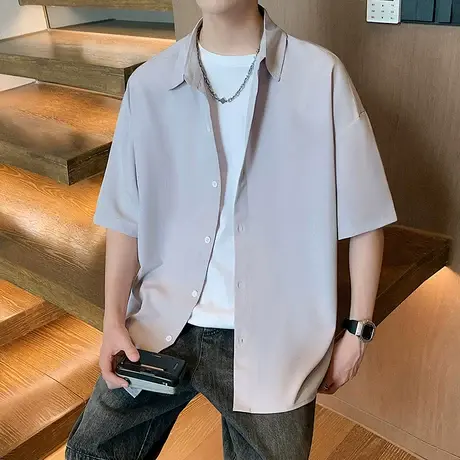 衬衫男夏季2025新款休闲潮牌翻领寸衫美式大码冰丝宽松半袖上衣服商品大图