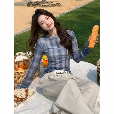 尔给2025蓝格T恤薄款高级设计感长袖T恤女修身显瘦撞色格子上衣女图片
