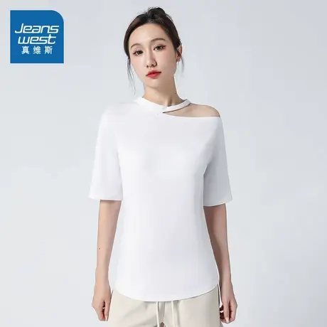 LV真维斯女装2025夏季新款 设计感小众显瘦露肩显瘦百搭短袖T恤商品大图