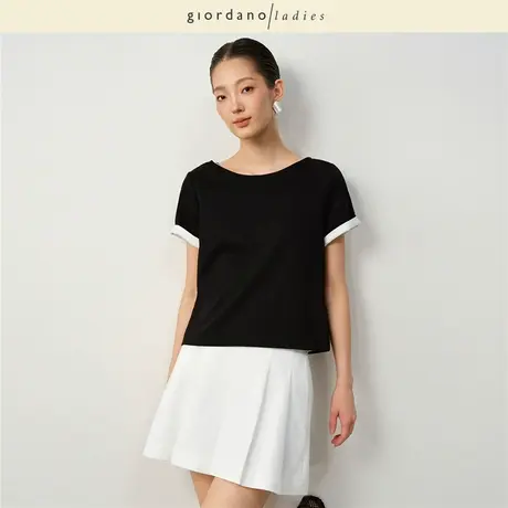 GL2025夏季新款简约纯色T恤女纯棉后领镂空船领短袖T恤女02325039图片