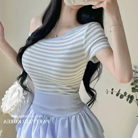 现货 东大门韩系时尚露肩条纹修身显瘦百搭女士短袖T恤386图片