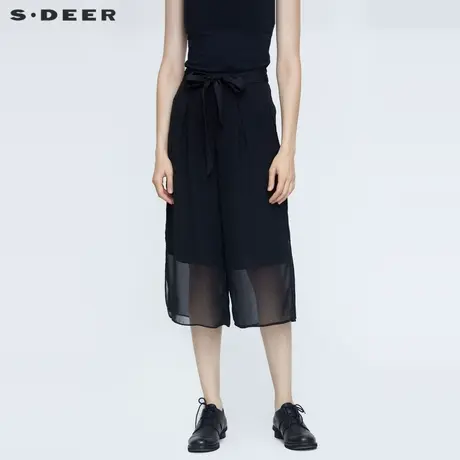 sdeer圣迪奥夏优雅系带收腰雪纺拼接阔腿九分裤S21260816图片