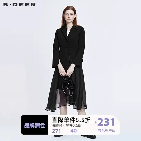 sdeer圣迪奥女装西装领网纱拼接不规则长款风衣S22161809图片