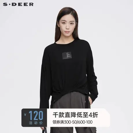 sdeer圣迪奥女装春秋装个性圆领字母抽绳褶皱长袖T恤S21380215图片