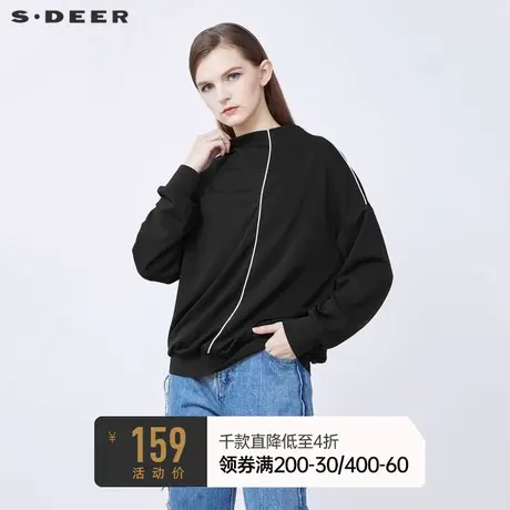 sdeer圣迪奥冬一字领撞色线条罗纹黑色长袖T恤S21480206图片