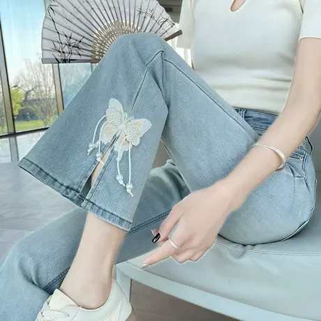 新中式国风蝴蝶八九分裤女春夏薄款开叉高腰修身显瘦牛仔微喇叭裤图片