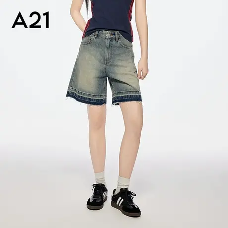 A21女装浅中蓝水洗磨白五分裤简约设计感毛边牛仔裤复古休闲显瘦图片