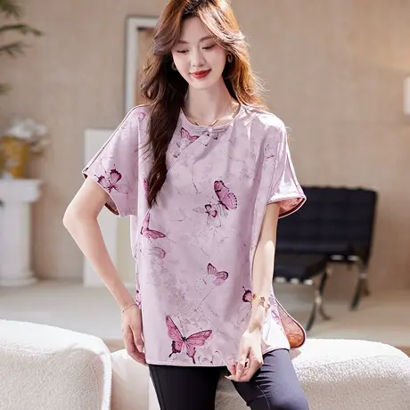 宝诗黎新中式蝙蝠袖印花雪纺衫2025夏季气质宽松国风短袖小衫女图片