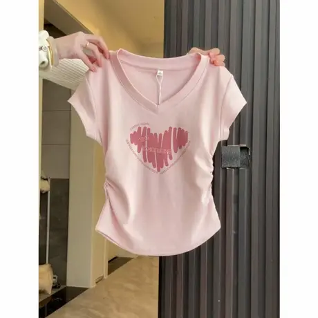 重磅纯棉v领短袖t恤粉色爱心印花肩修身显瘦褶皱短款上衣女款夏季商品大图