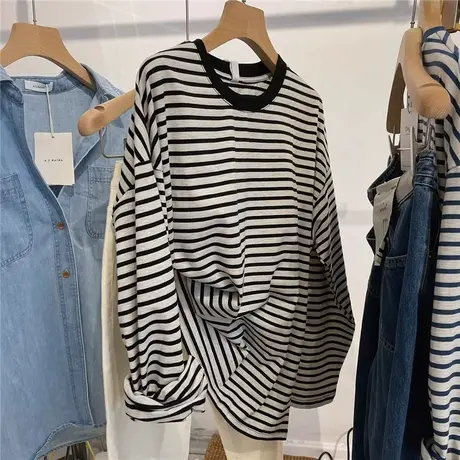 秋季2025新款条纹长袖T恤女韩版百搭宽松显瘦打底衫外穿体恤上衣图片