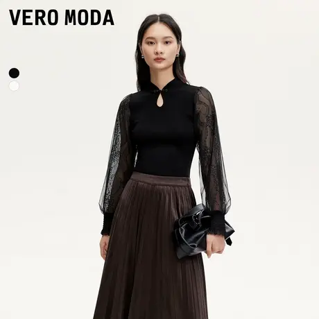Vero Moda奥莱针织衫毛衣女秋冬新款蕾丝袖气质新中式盘扣上衣图片